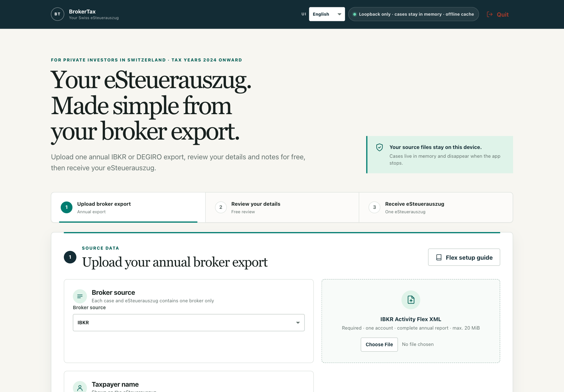 BrokerTax local import screen with the annual IBKR Activity Flex XML upload and three-step workflow